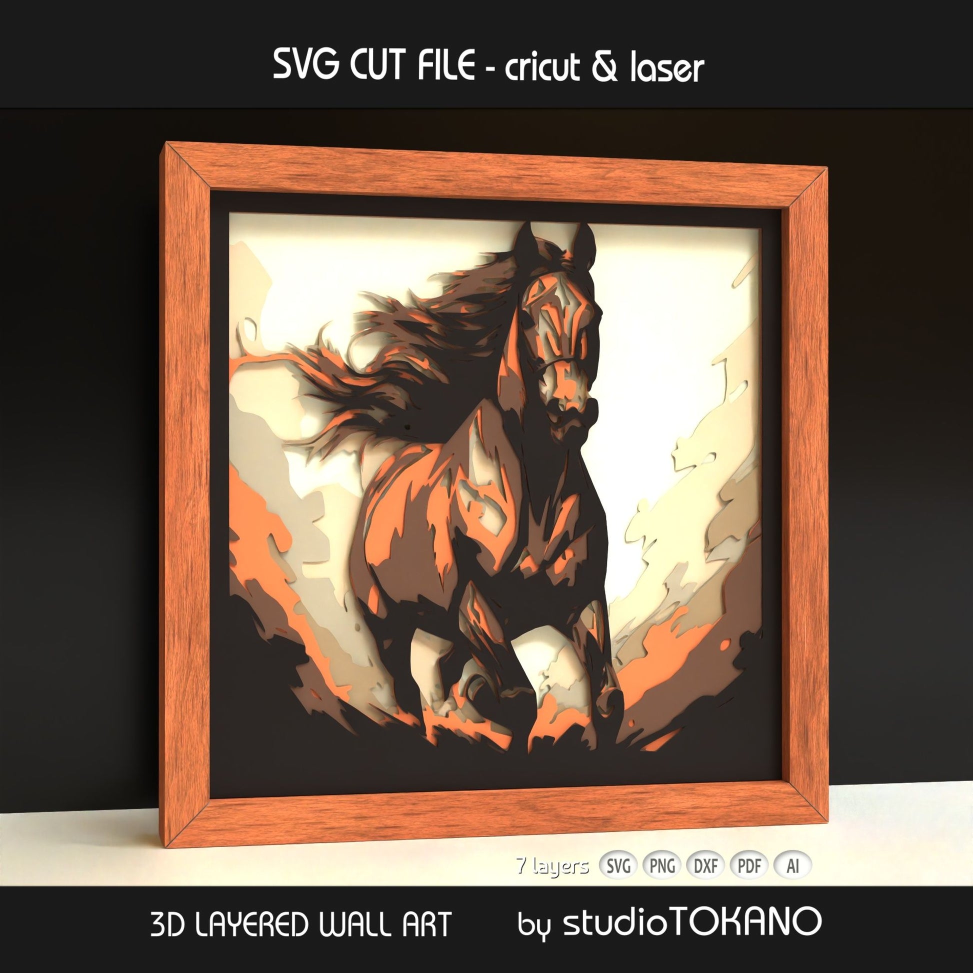 Framed galloping horse layered wall art shown from an angled view, highlighting the 3D depth, stacked cardstock layers, and flowing motion.