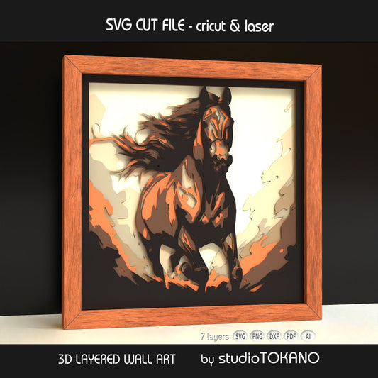 Framed galloping horse layered wall art shown from an angled view, highlighting the 3D depth, stacked cardstock layers, and flowing motion.