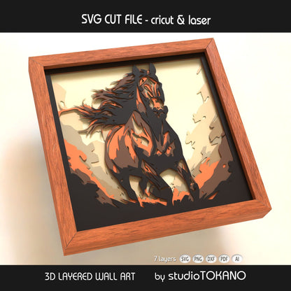 Galloping horse papercut wall art displayed in a shadow box frame, featuring strong motion and dimensional 3D layered cardstock construction.
