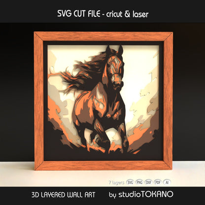 Galloping horse shadow box SVG displayed as framed 3D equestrian wall art in natural cardstock colors for Cricut and laser cutting.