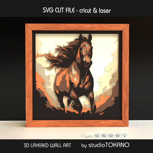 Galloping horse shadow box SVG displayed as framed 3D equestrian wall art in natural cardstock colors for Cricut and laser cutting.