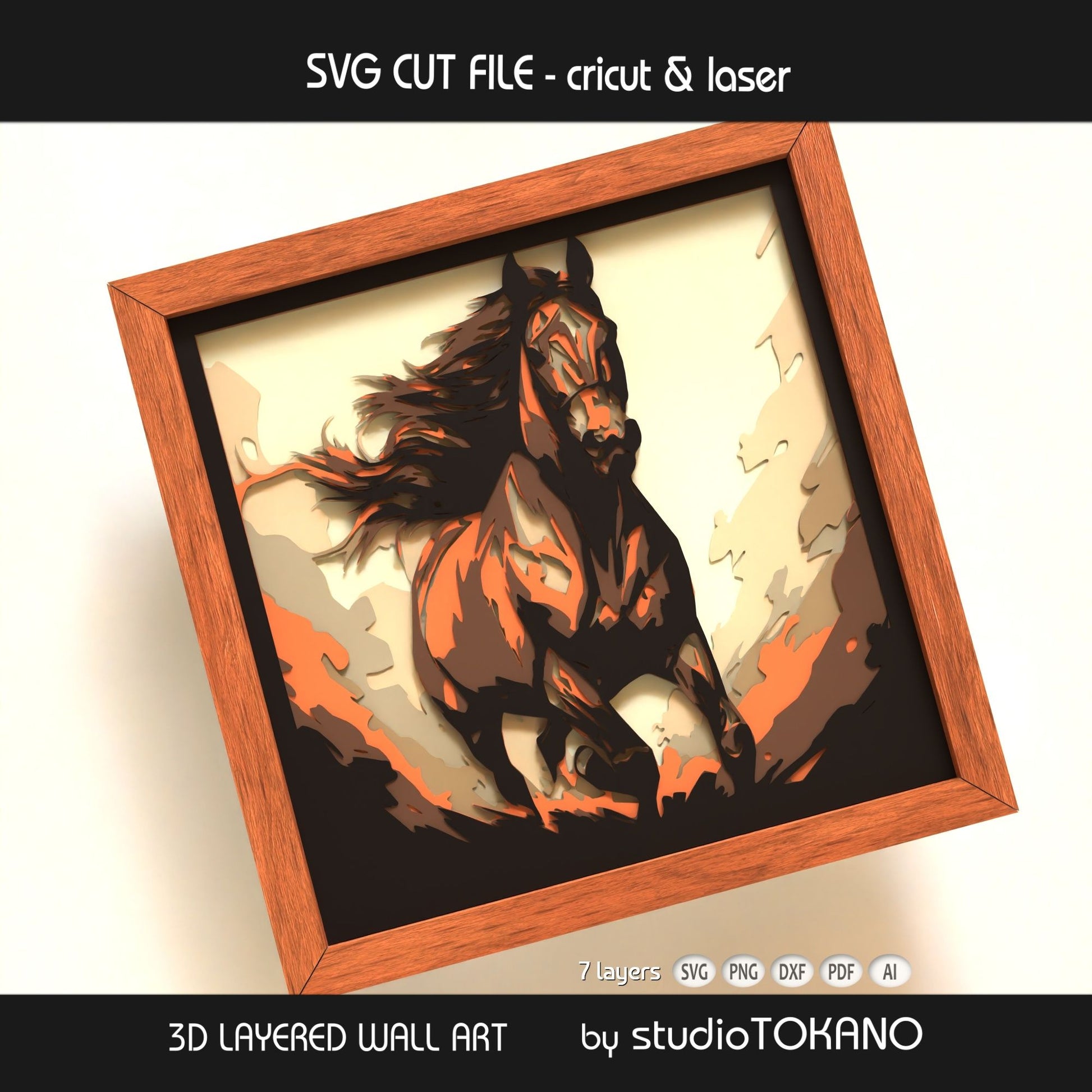 Galloping horse shadow box SVG shown as finished framed wall art, perfect for horse lover gifts, rustic decor, and layered paper craft projects.