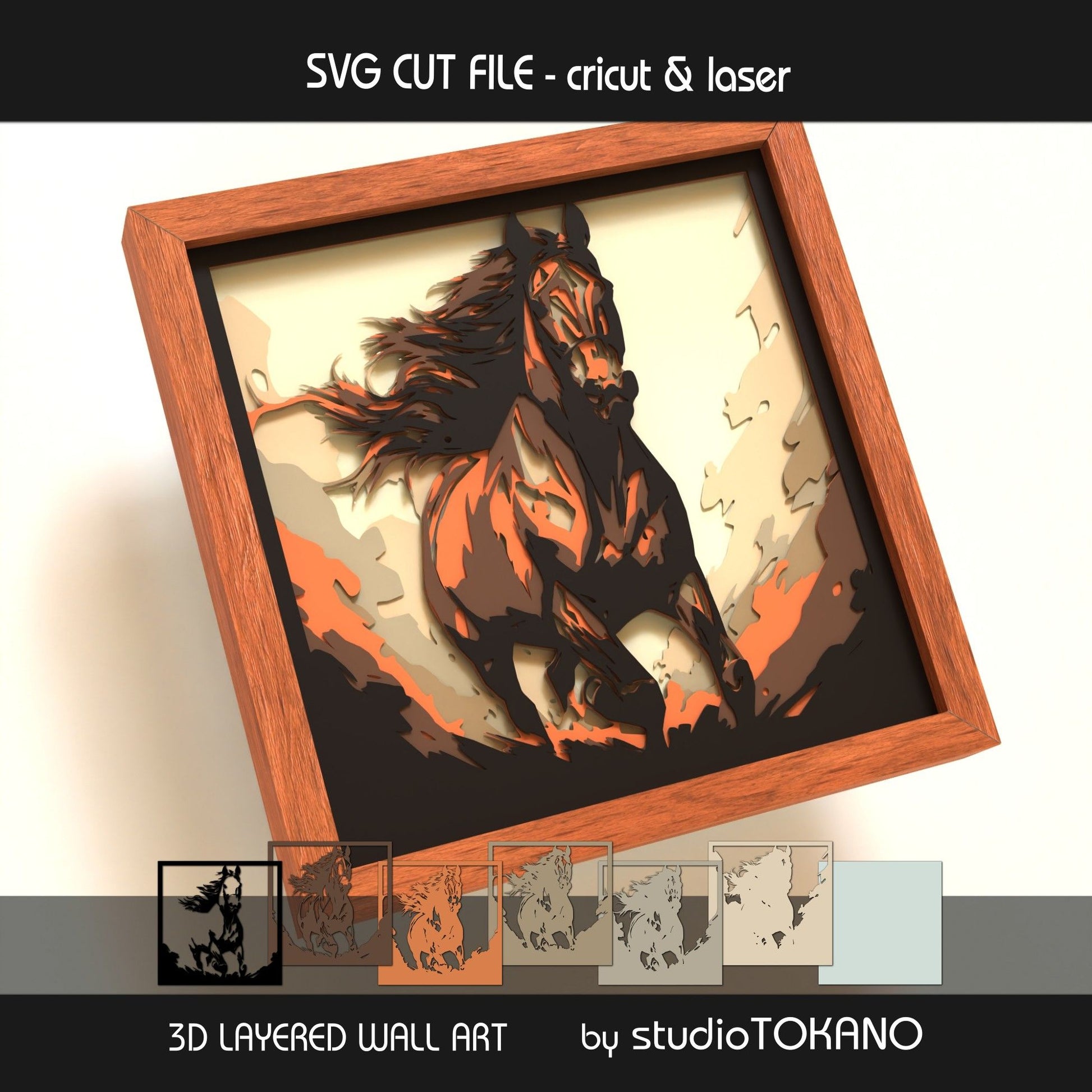 Galloping horse shadow box SVG layer guide showing the separate papercut layers and color arrangement for Cricut and laser cut assembly.