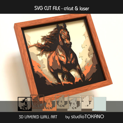 Galloping horse shadow box SVG layer guide showing the separate papercut layers and color arrangement for Cricut and laser cut assembly.