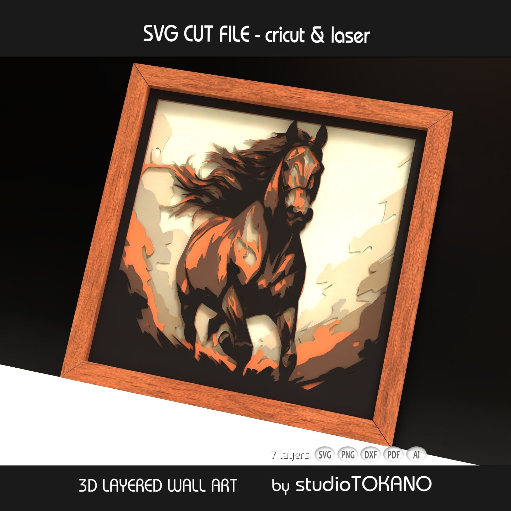 Side-angle view of the galloping horse shadow box SVG showing clean cut edges, dimensional cardstock layers, and graceful animal detail.