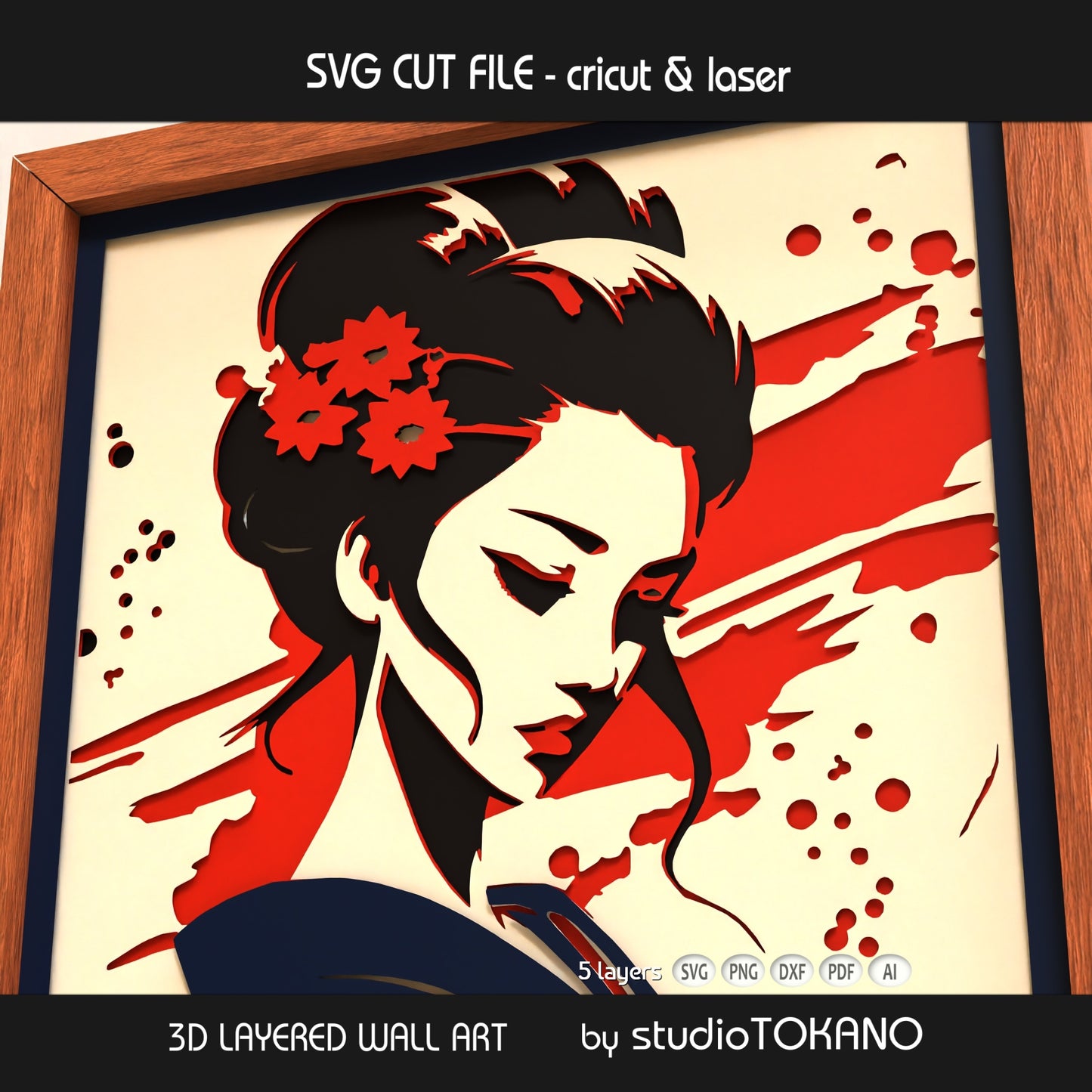 Japanese geisha papercut wall art displayed in a shadow box frame as elegant portrait decor and handmade craft art.