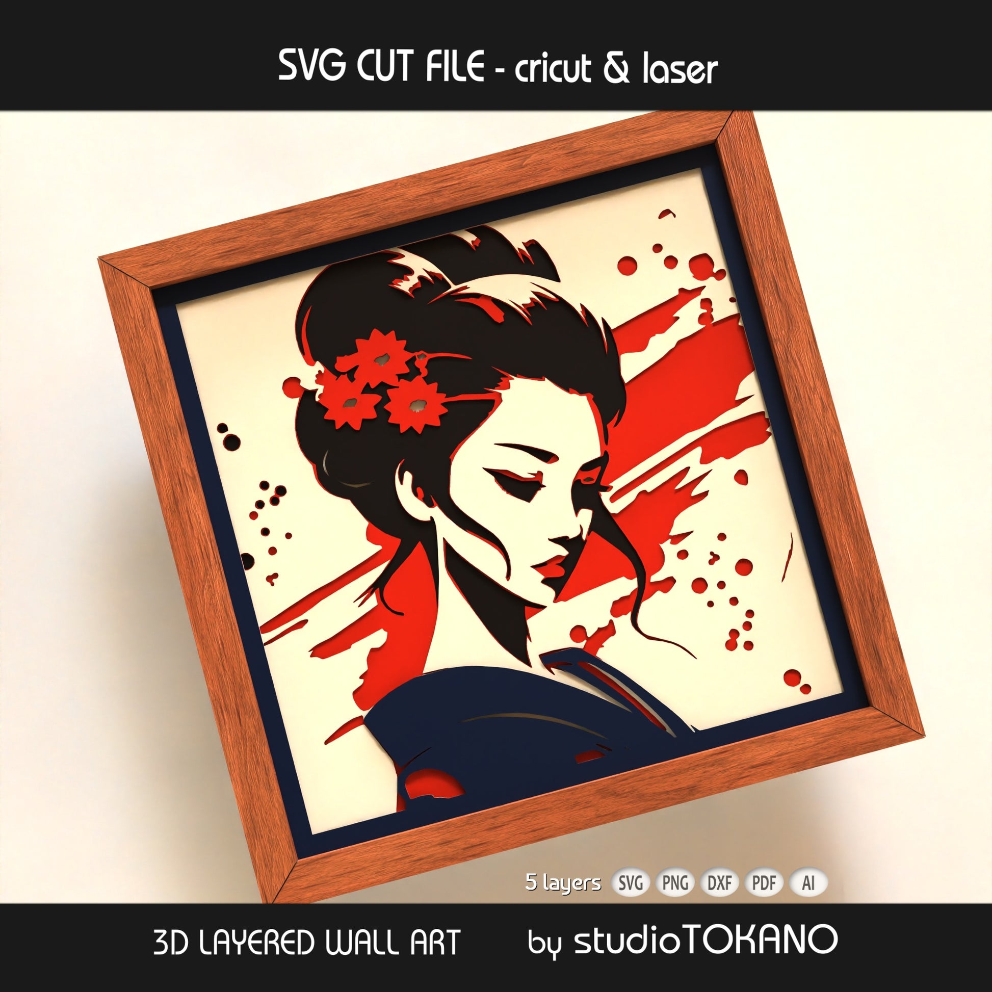 Close-up of the geisha layered SVG design showing bold hair shapes, floral details, red brushstroke accents, and 5-layer construction.