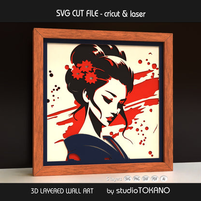 Framed geisha layered wall art shown as an elegant Japanese-inspired papercut portrait with red accents and 3D depth.