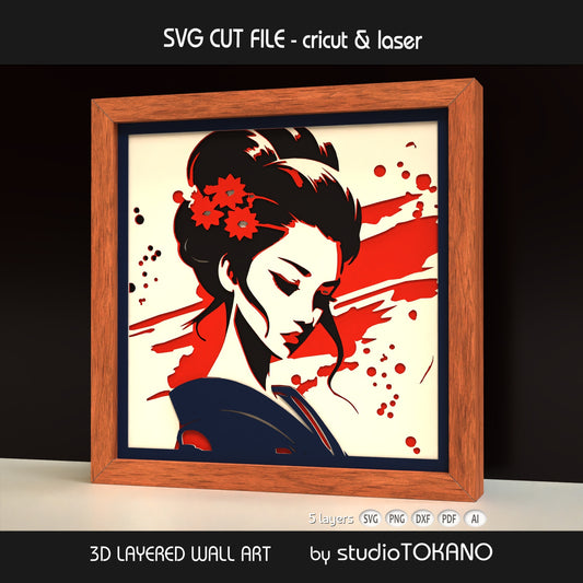 Geisha shadow box SVG shown as Asian-inspired wall decor for Cricut, Silhouette, Glowforge, and xTool projects.