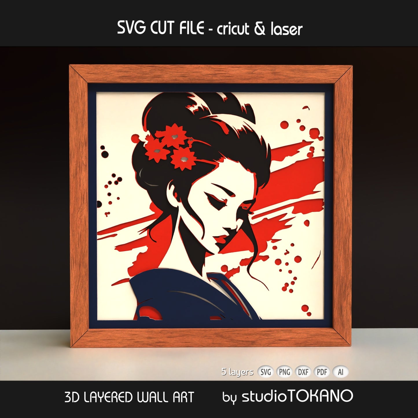 Geisha shadow box SVG displayed as framed 5-layer Japanese portrait wall art for Cricut and laser cutting.