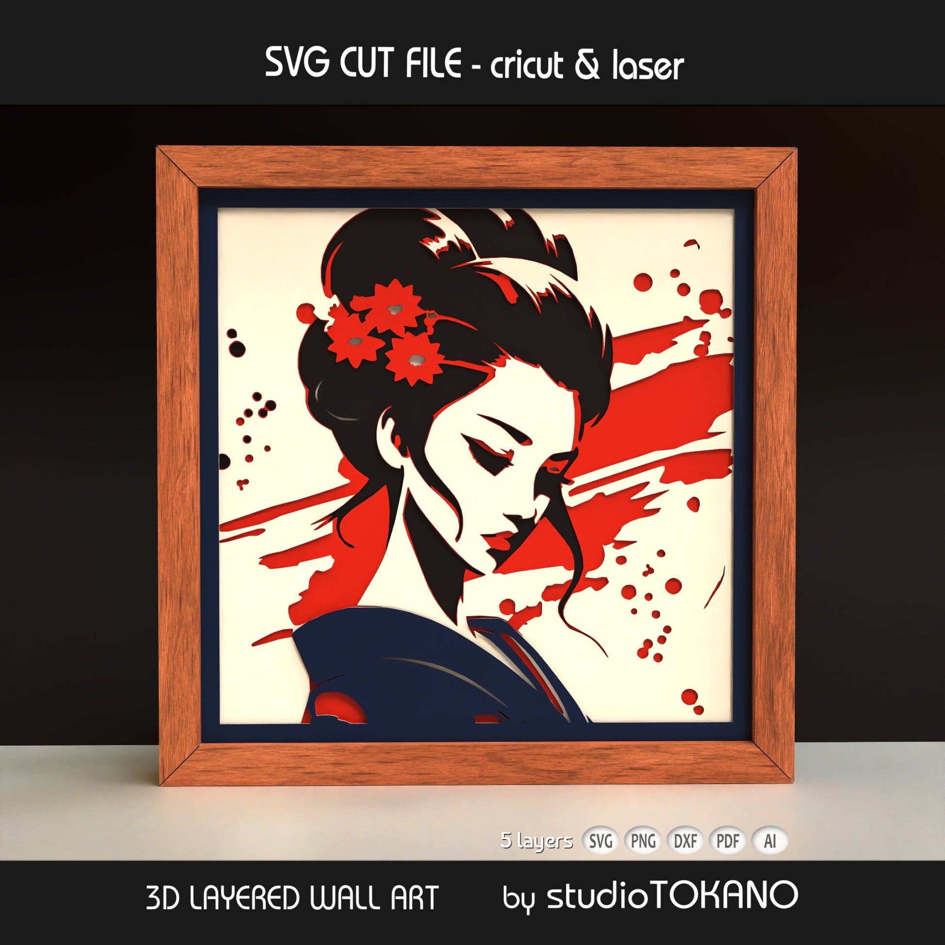 Geisha shadow box SVG displayed as framed 5-layer Japanese portrait wall art for Cricut and laser cutting.