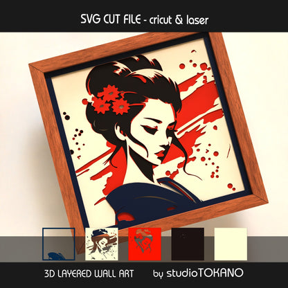 Geisha shadow box SVG layer guide showing the separate papercut layers and color arrangement for Cricut and laser cut assembly.