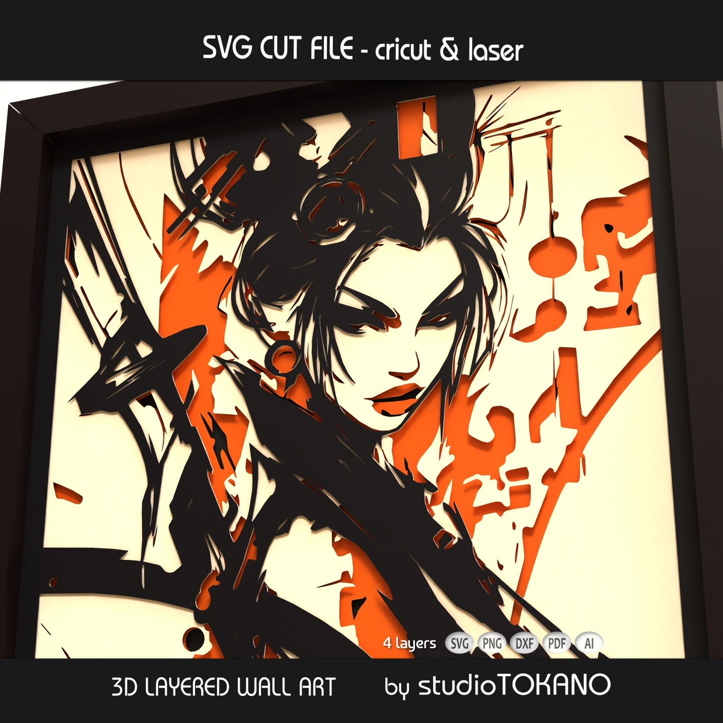 4-layer warrior geisha shadow box SVG shown as striking Japanese wall art template for cardstock and papercut crafting.