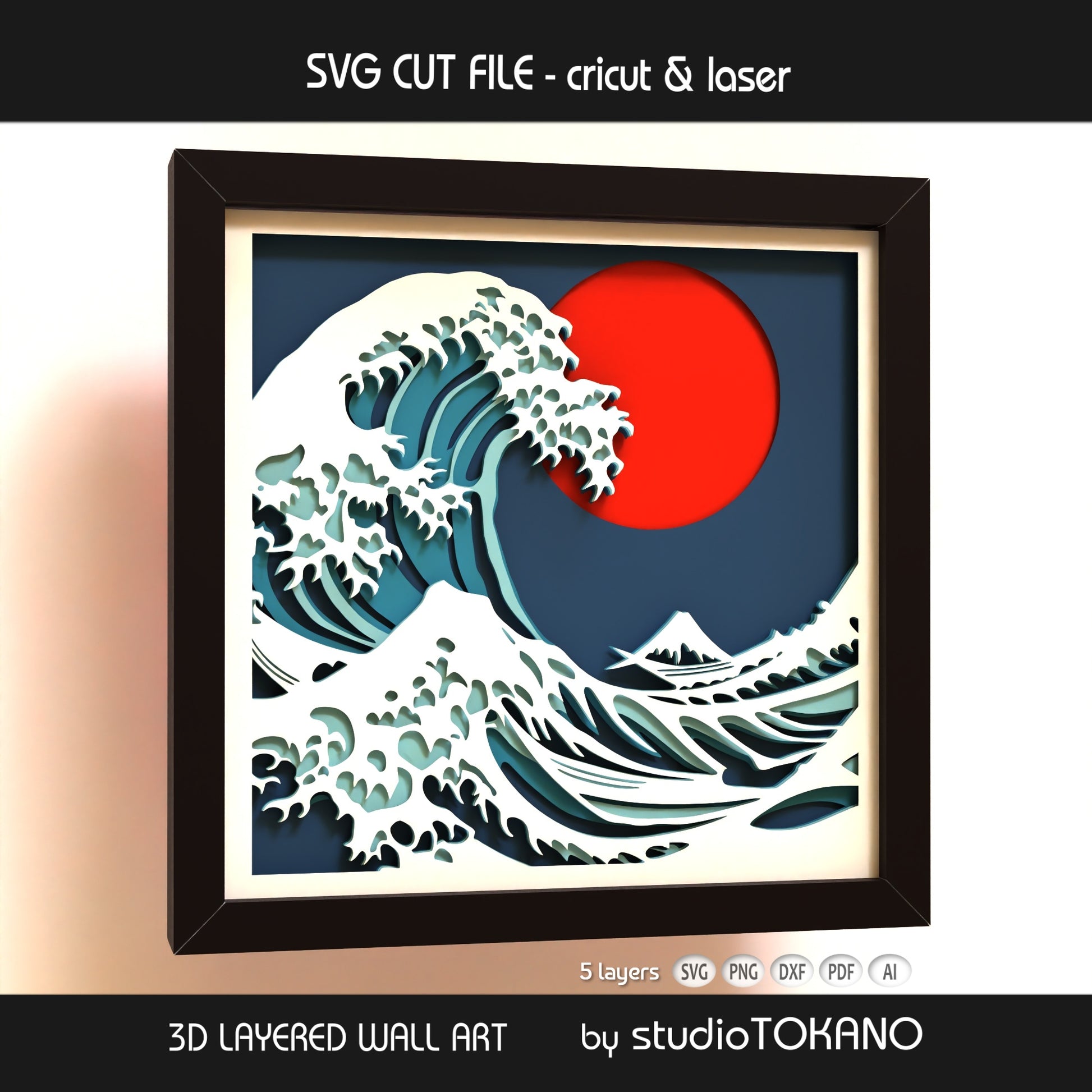 Great Wave 3D layered shadow box art designed as a Cricut and laser cut file for ocean decor and Japanese wall art.
