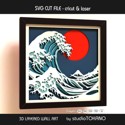 Great Wave 3D layered shadow box art designed as a Cricut and laser cut file for ocean decor and Japanese wall art.