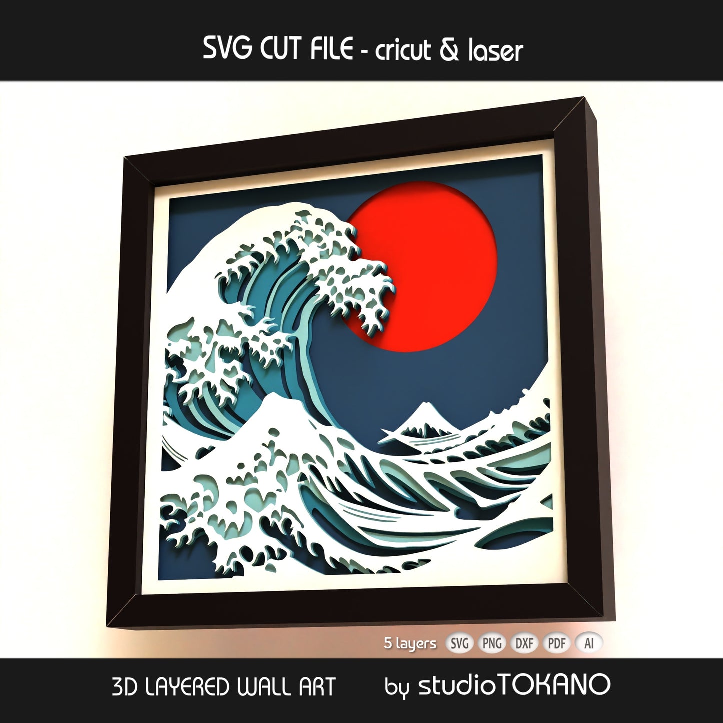 Close-up of the Great Wave layered SVG design showing ocean movement, stacked cardstock layers, and clean 5-layer papercut construction.