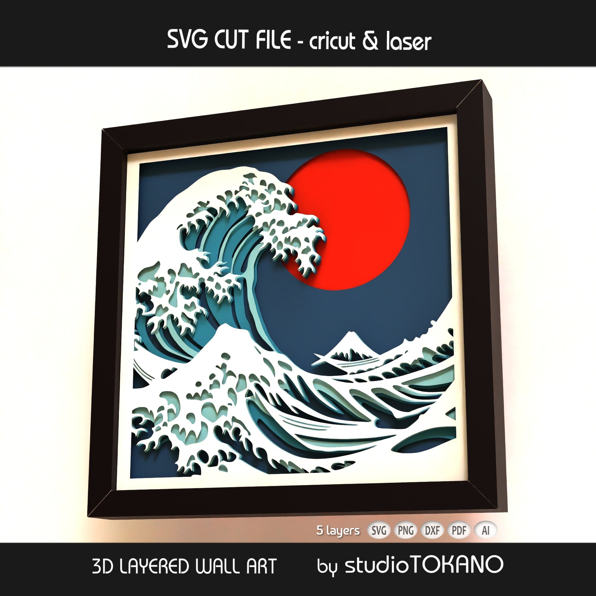 Close-up of the Great Wave layered SVG design showing ocean movement, stacked cardstock layers, and clean 5-layer papercut construction.