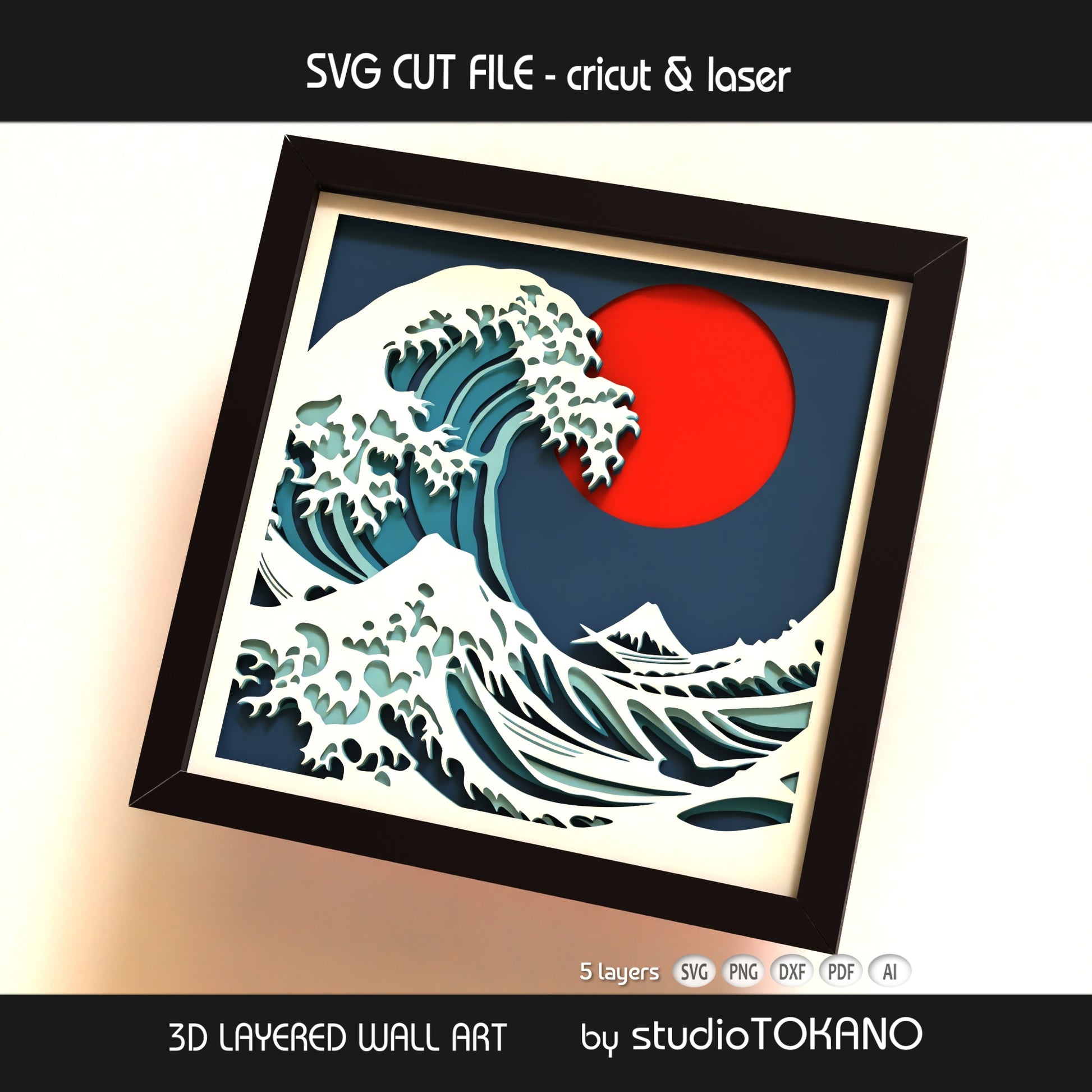 Great Wave shadow box SVG shown as Japanese-inspired wall decor for Cricut, Silhouette, Glowforge, and xTool projects.