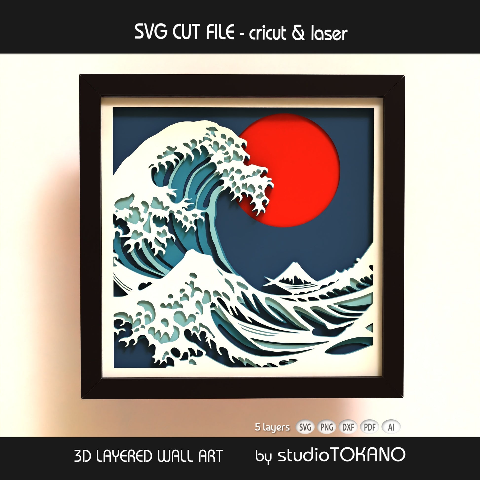 Great Wave shadow box SVG shown as Japanese-inspired wall decor for Cricut, Silhouette, Glowforge, and xTool projects.