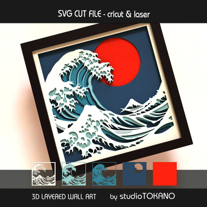 Great Wave shadow box SVG layer guide showing the separate papercut layers and color arrangement for Cricut and laser cut assembly.