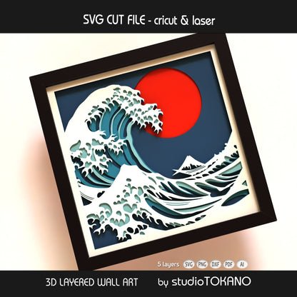 Side-angle view of the Great Wave shadow box SVG showing clean cut edges, layered cardstock depth, and flowing wave detail.