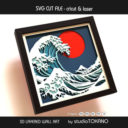 Great Wave shadow box SVG displayed as framed 5-layer Japanese ocean wall art for Cricut and laser cutting.