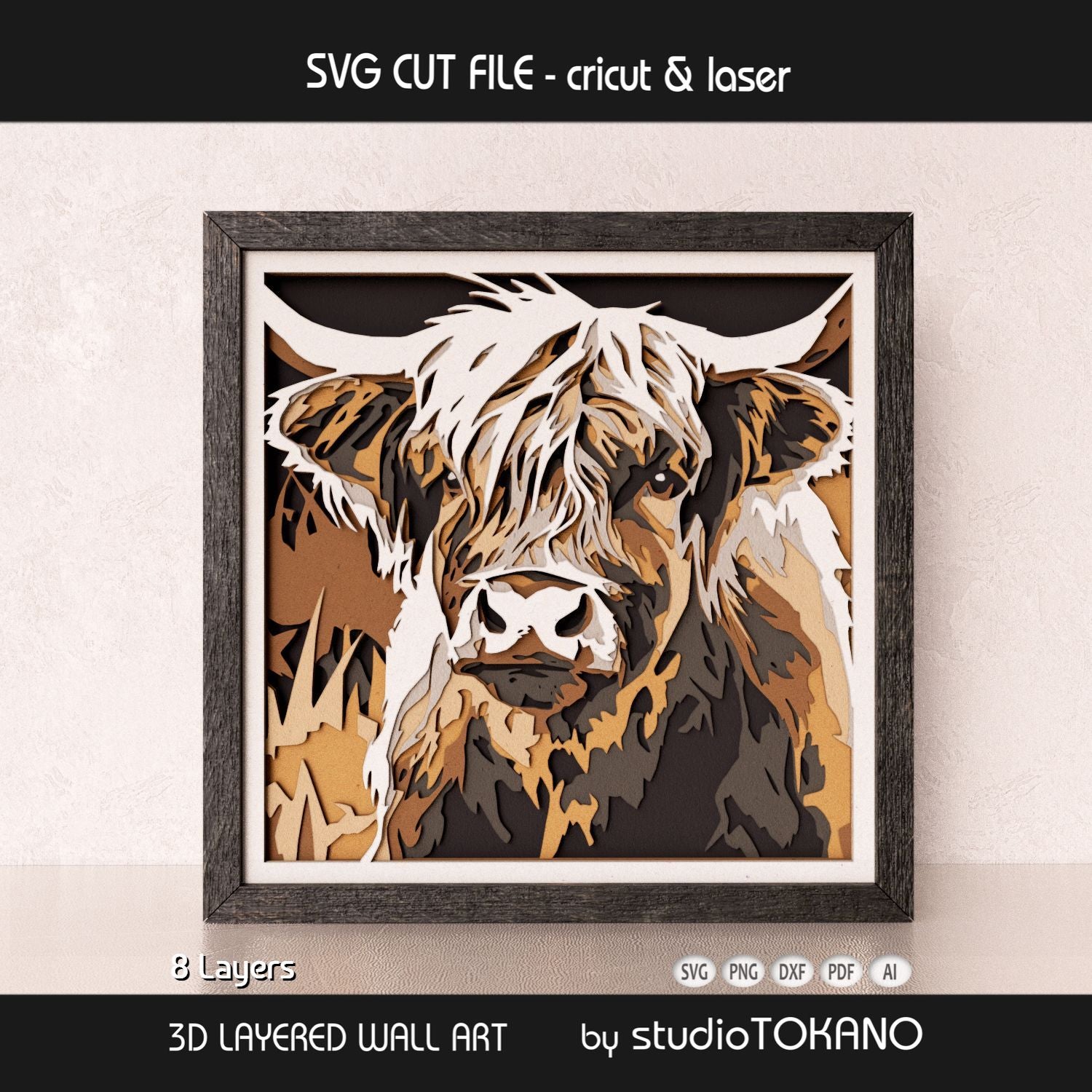 Highland cow papercut wall art displayed in a shadow box frame as a handmade-style farm animal decor project.