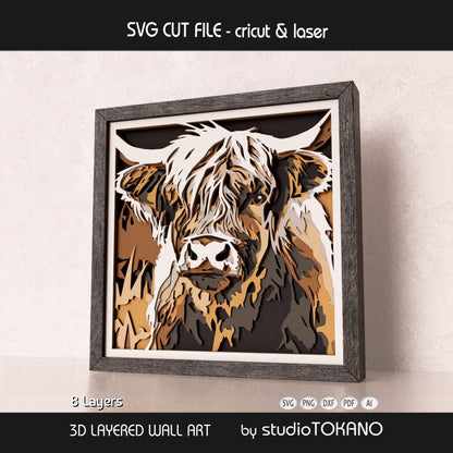 Highland cow shadow box SVG shown as rustic farmhouse wall art for Cricut cardstock projects and laser cut assembly.