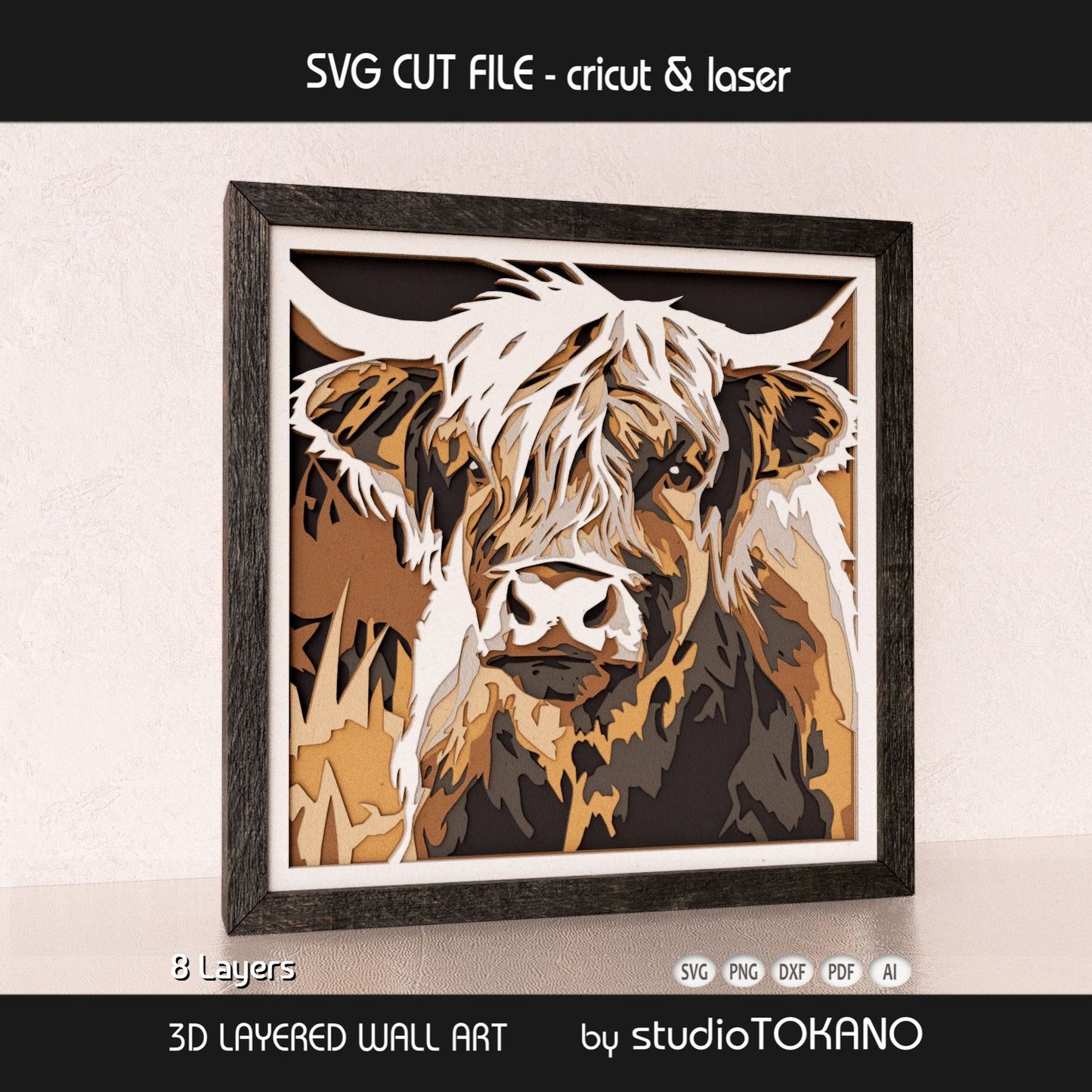 Highland cow 3D layered shadow box art designed as a Cricut, Silhouette, Glowforge, and xTool cut file.