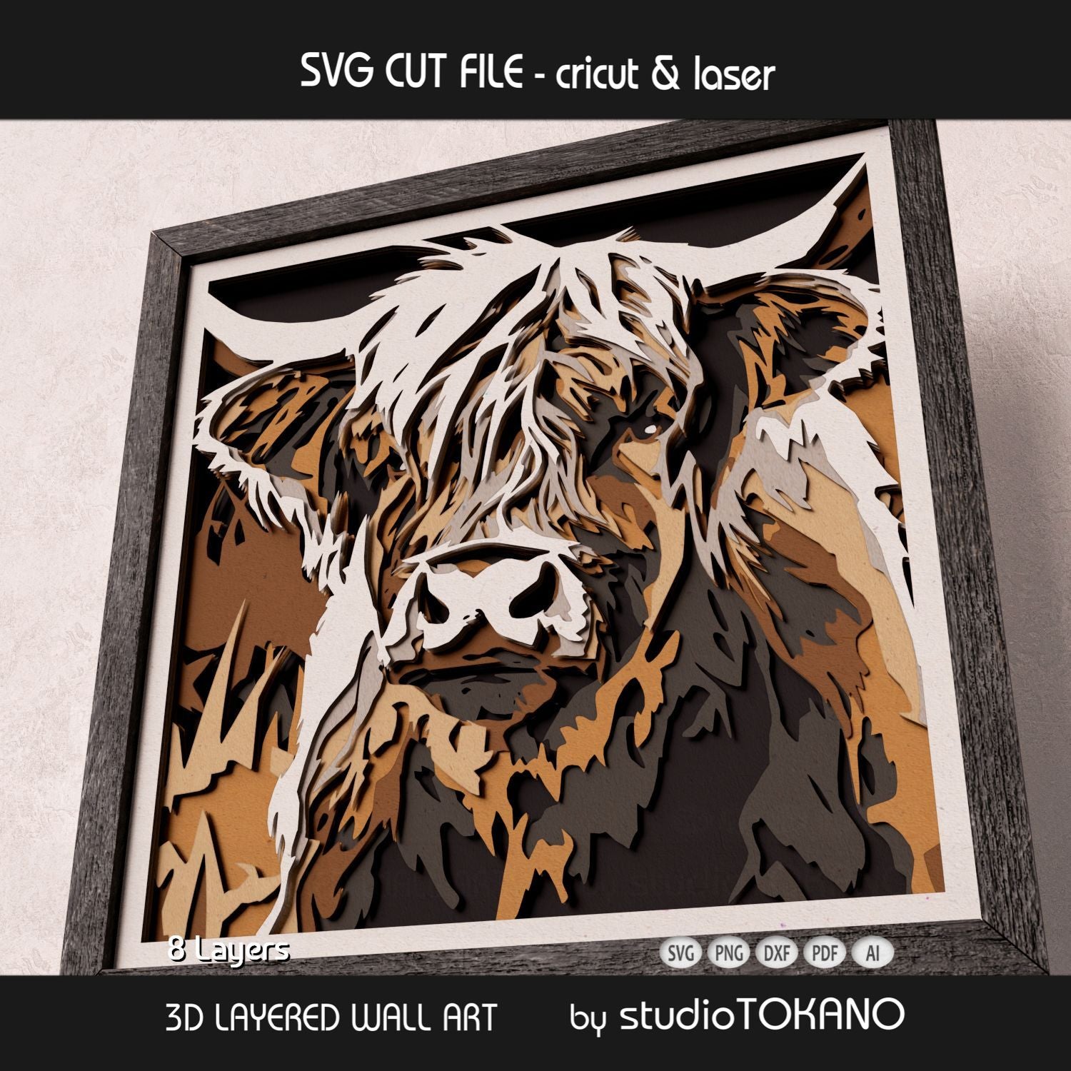 Close-up of the Highland cow layered SVG design showing shaggy hair detail, stacked cardstock layers, and strong 3D depth.