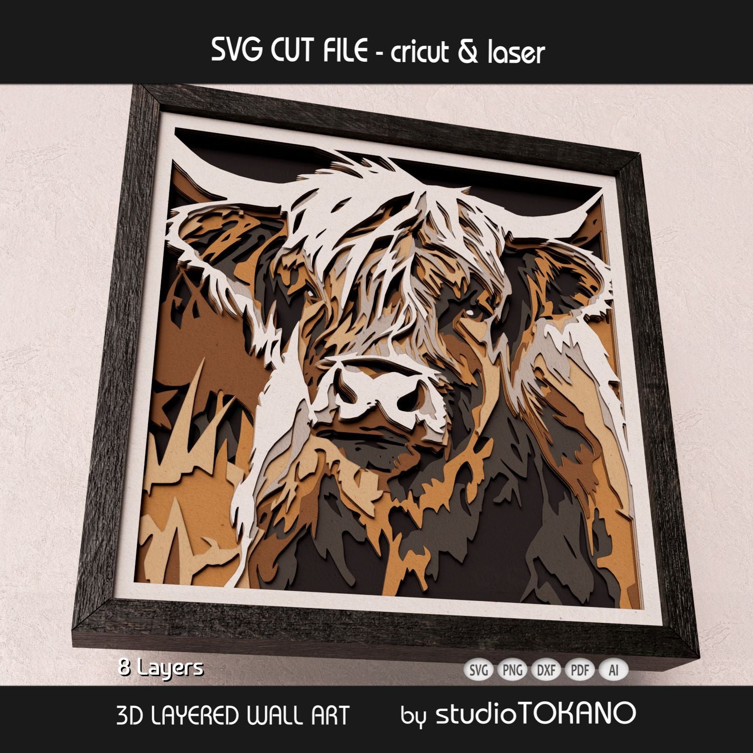 Side-angle view of the Highland cow shadow box SVG showing clean cut edges, layered cardstock depth, and dimensional farm animal detail.