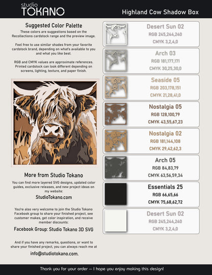 Highland cow shadow box SVG layer guide showing the separate papercut layers and color arrangement for Cricut and laser cut assembly.