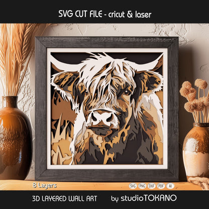 Highland cow shadow box SVG displayed as framed 8-layer farm animal wall art for Cricut and laser cutting.
