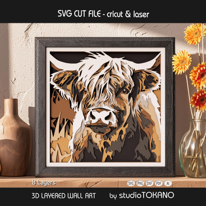 Framed Highland cow layered wall art shown as a finished shadow box design with stacked cardstock depth and clean papercut detail.