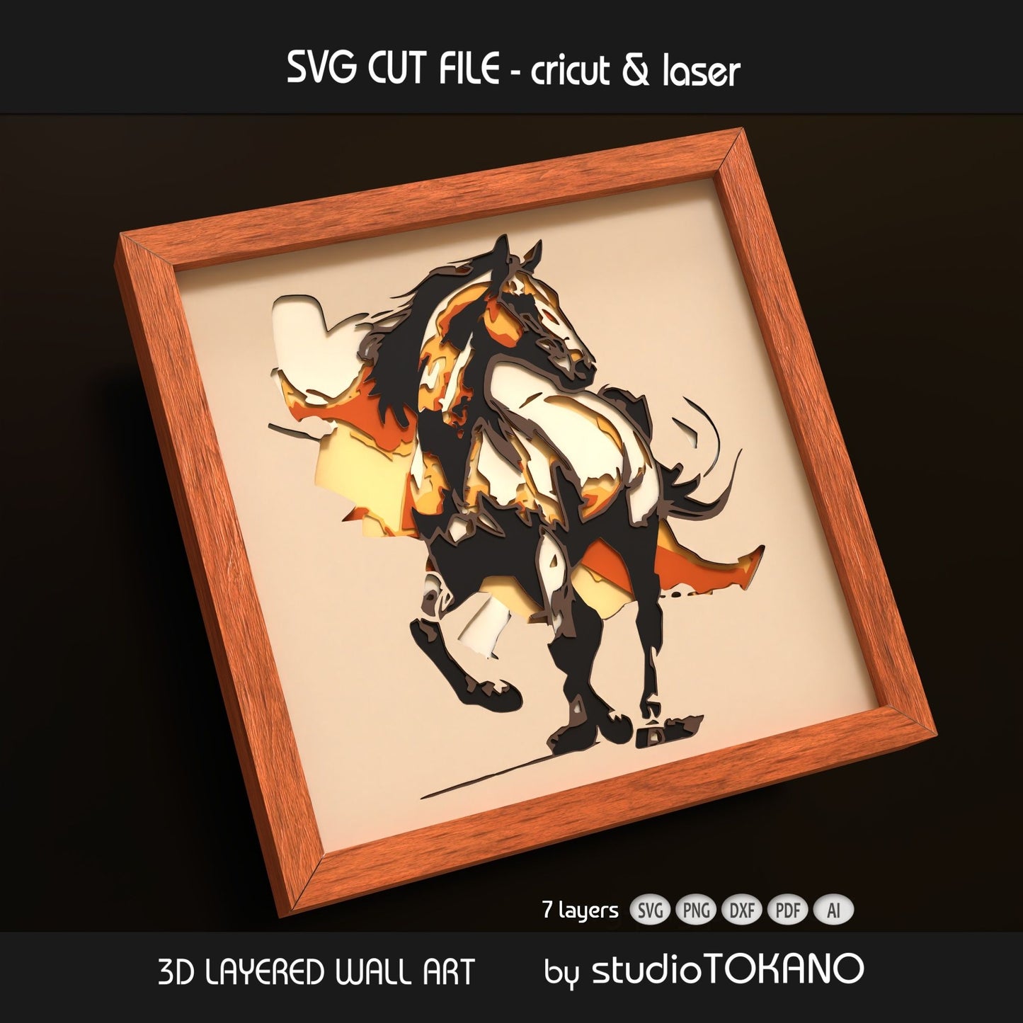 Horse 3D layered shadow box art designed as a Cricut and laser cut file for equestrian decor, farmhouse interiors, and horse wall art.