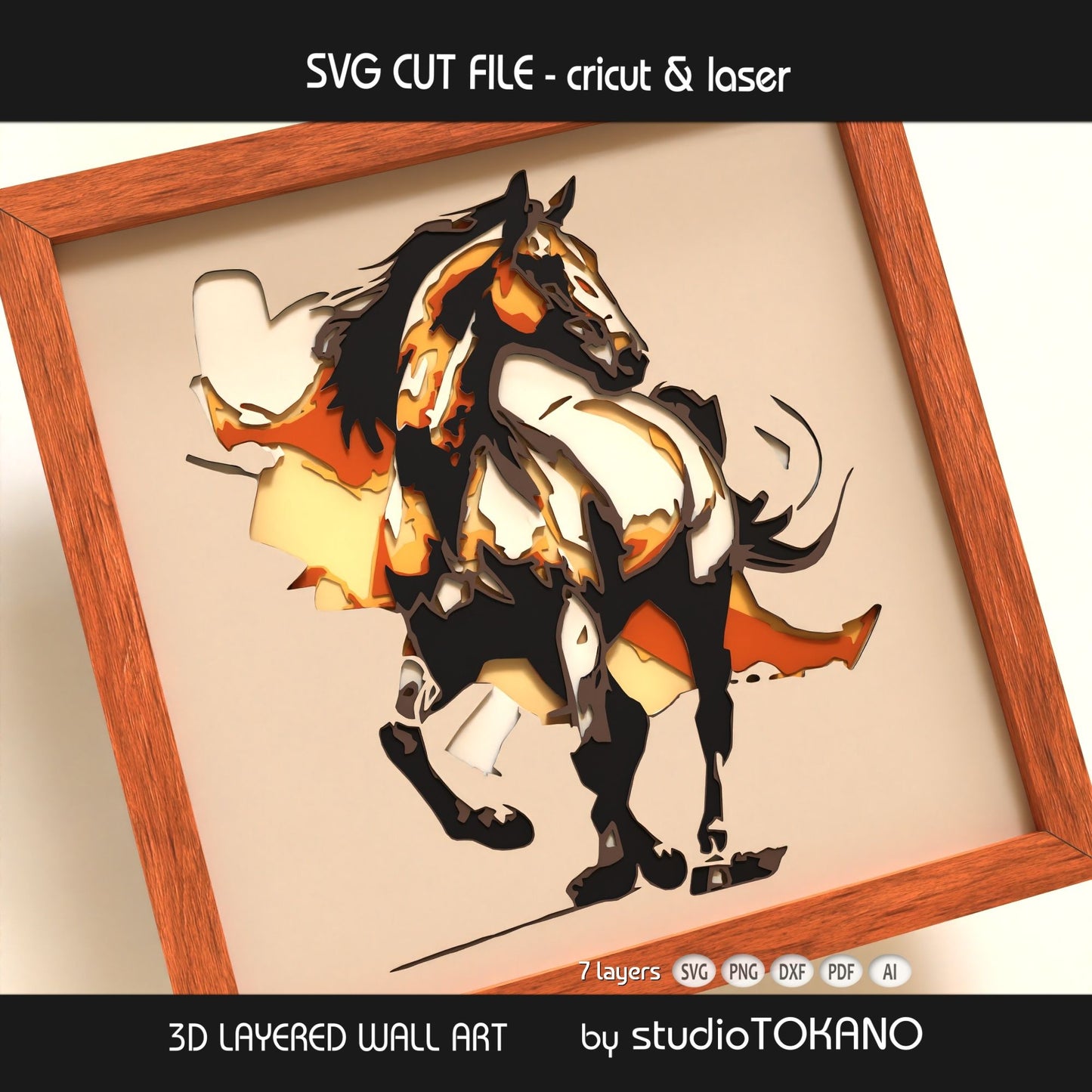 Elegant horse layered SVG created as a Cricut, Silhouette, Glowforge, and xTool cut file for animal wall decor and cardstock projects.