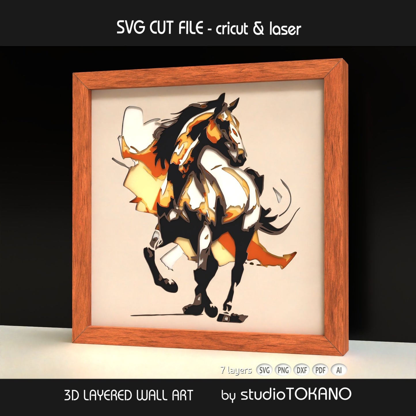 Framed horse shadow box design shown from an angled view, highlighting the 3D depth, stacked cardstock layers, and flowing equestrian detail.