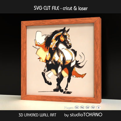 Framed horse shadow box design shown from an angled view, highlighting the 3D depth, stacked cardstock layers, and flowing equestrian detail.