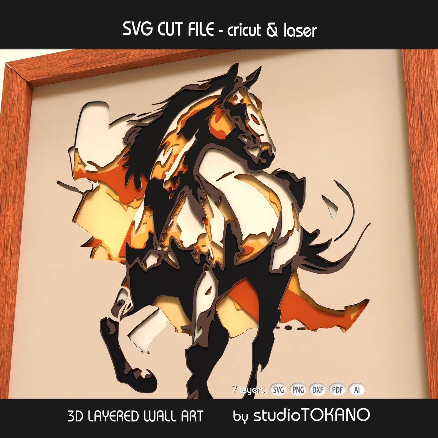 Horse papercut wall art displayed in a shadow box frame, featuring graceful animal detail and dimensional 3D layered cardstock construction.
