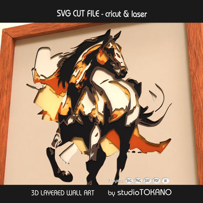 Horse papercut wall art displayed in a shadow box frame, featuring graceful animal detail and dimensional 3D layered cardstock construction.