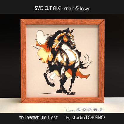 Horse layered SVG displayed as framed 3D equestrian shadow box wall art in natural cardstock colors for Cricut and laser cutting.