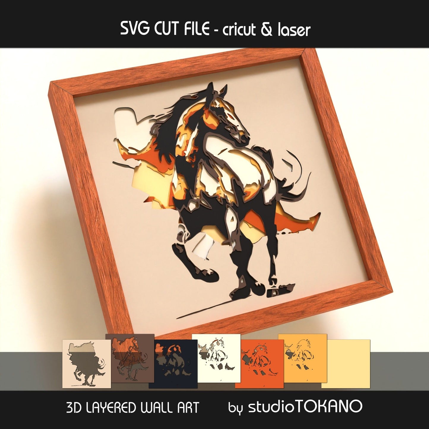 Horse layered SVG layer guide showing the separate papercut layers and color arrangement for Cricut and laser cut assembly.