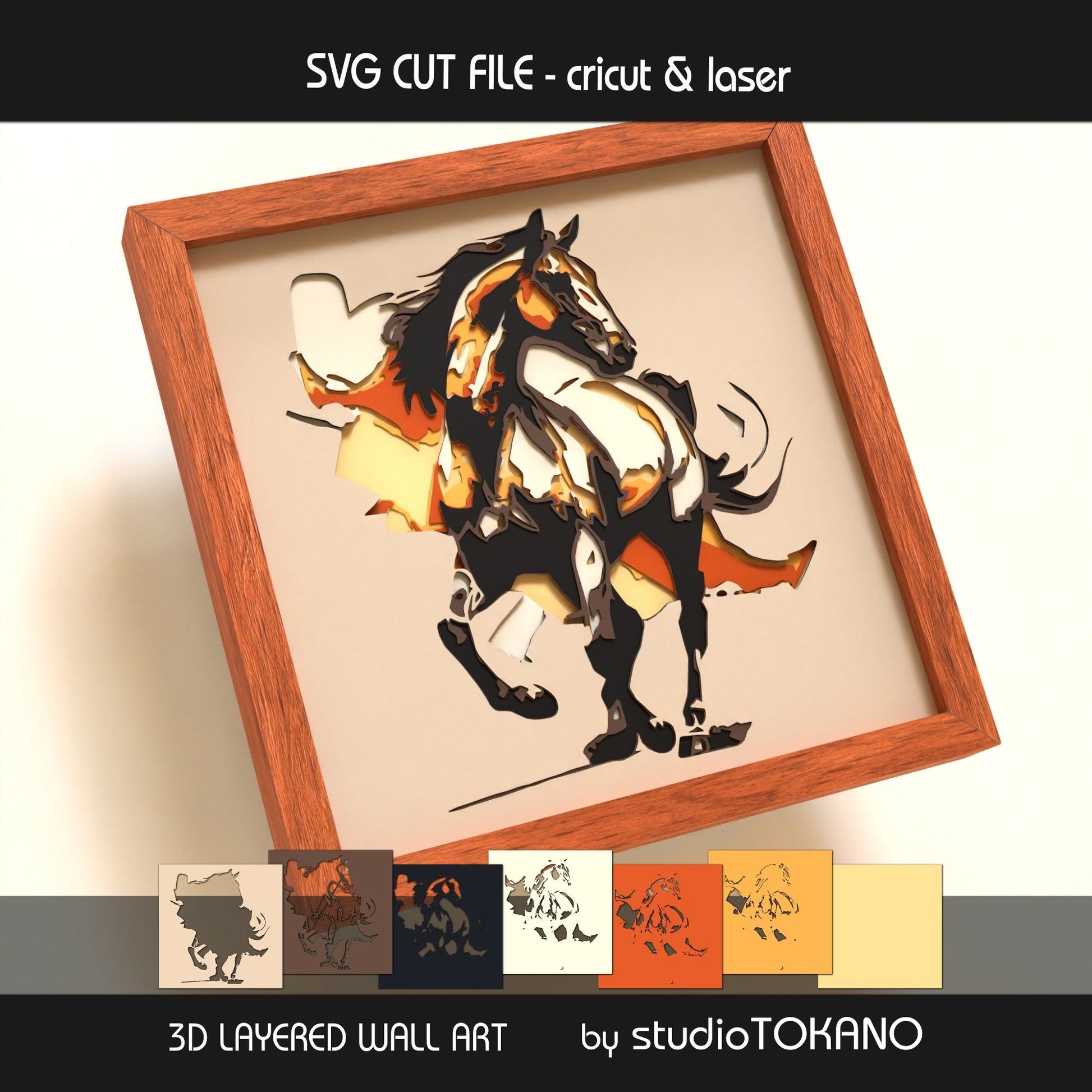 Horse layered SVG layer guide showing the separate papercut layers and color arrangement for Cricut and laser cut assembly.