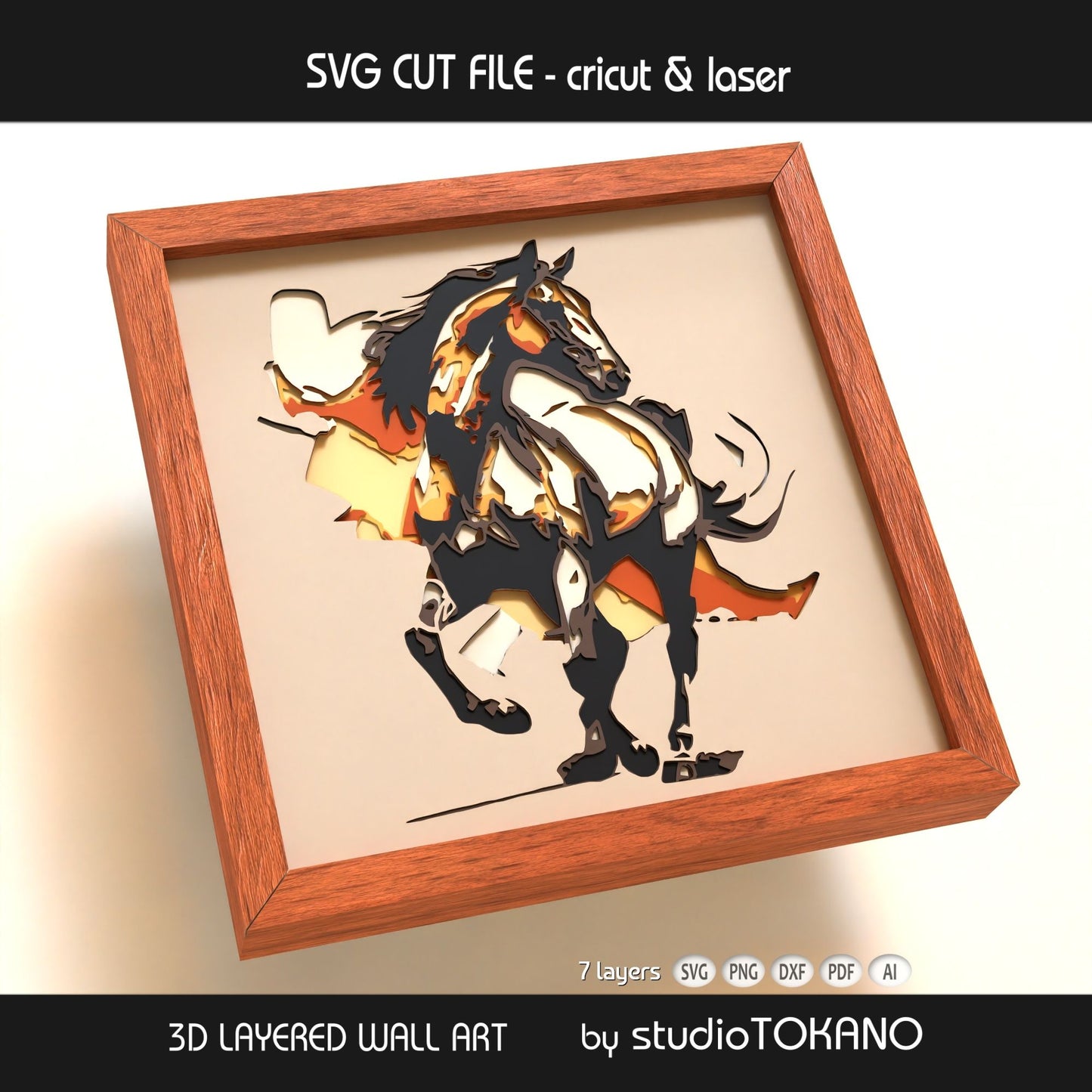 Horse shadow box SVG shown as finished framed wall art, perfect for horse lover gifts, rustic decor, and layered paper craft projects.