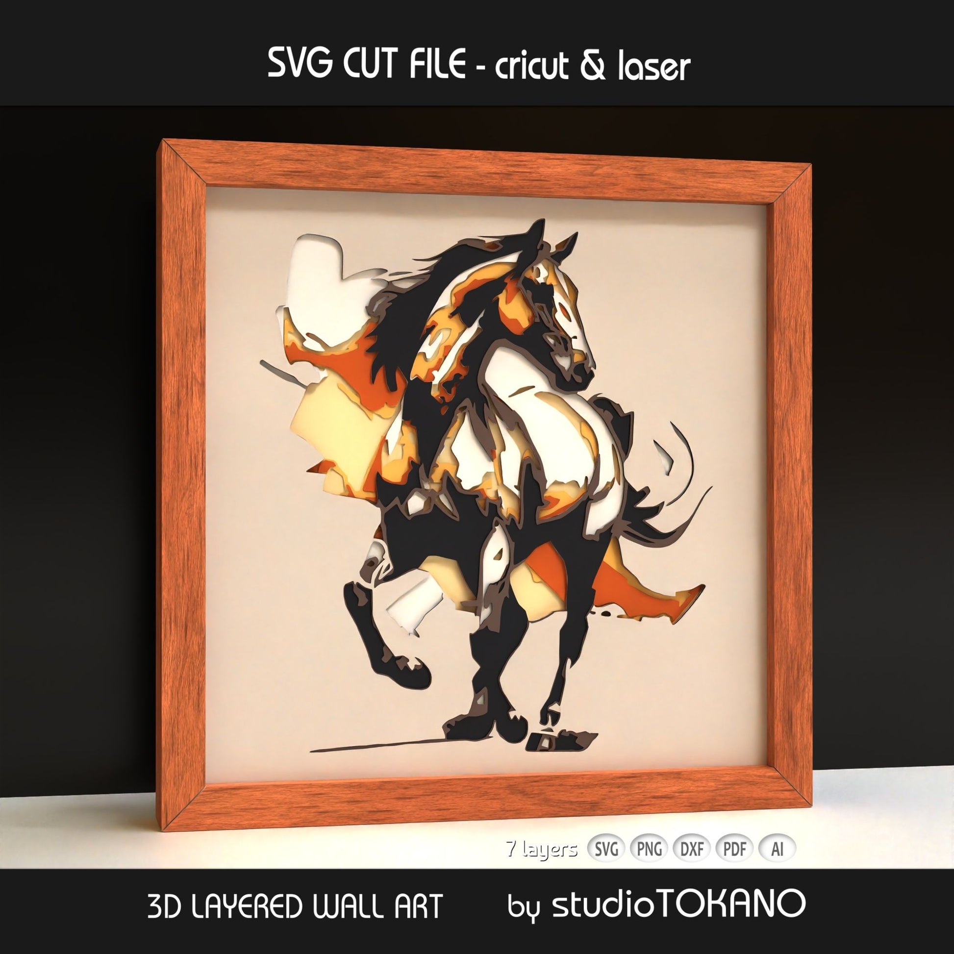 Side-angle view of the horse layered SVG showing clean cut edges, dimensional cardstock layers, and elegant animal wall art.