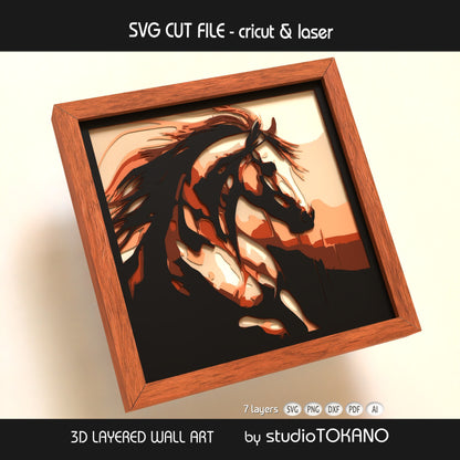 Horse 3D layered shadow box art designed as a Cricut and laser cut file for equestrian decor, farmhouse interiors, and horse wall art.