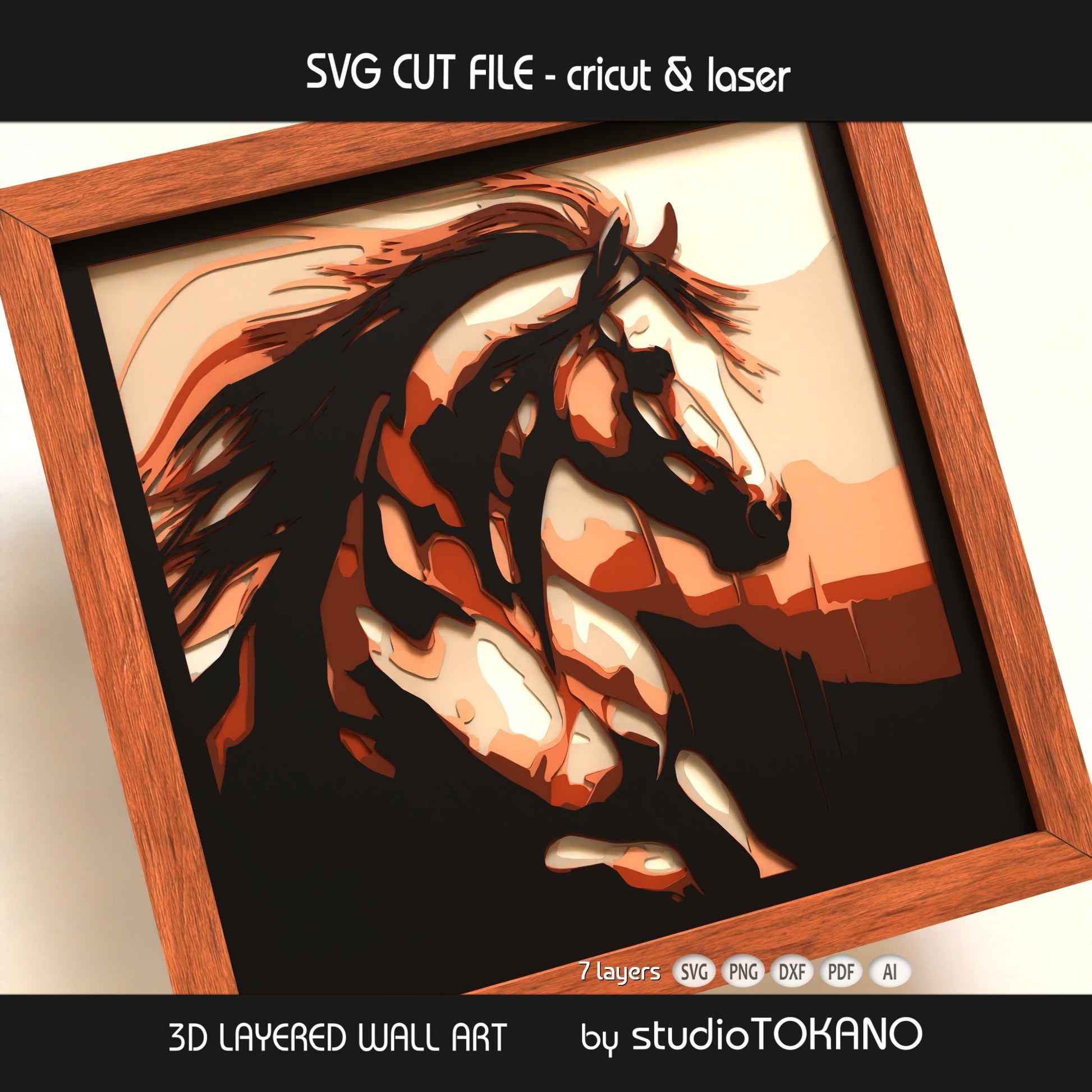 Horse layered SVG shown in a framed mockup, with strong depth, clean cardstock layers, and a finished farmhouse wall art look.
