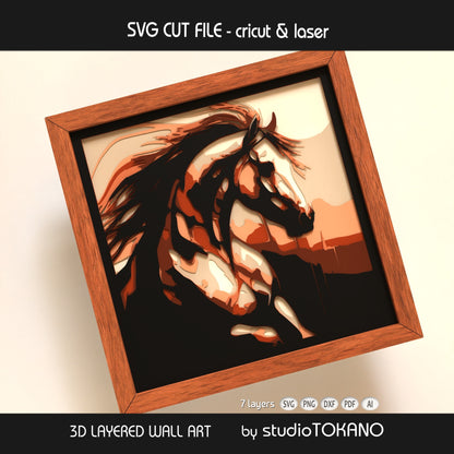 Close-up of the horse layered SVG design showing detailed animal shapes, stacked cardstock depth, and clean 7-layer construction.