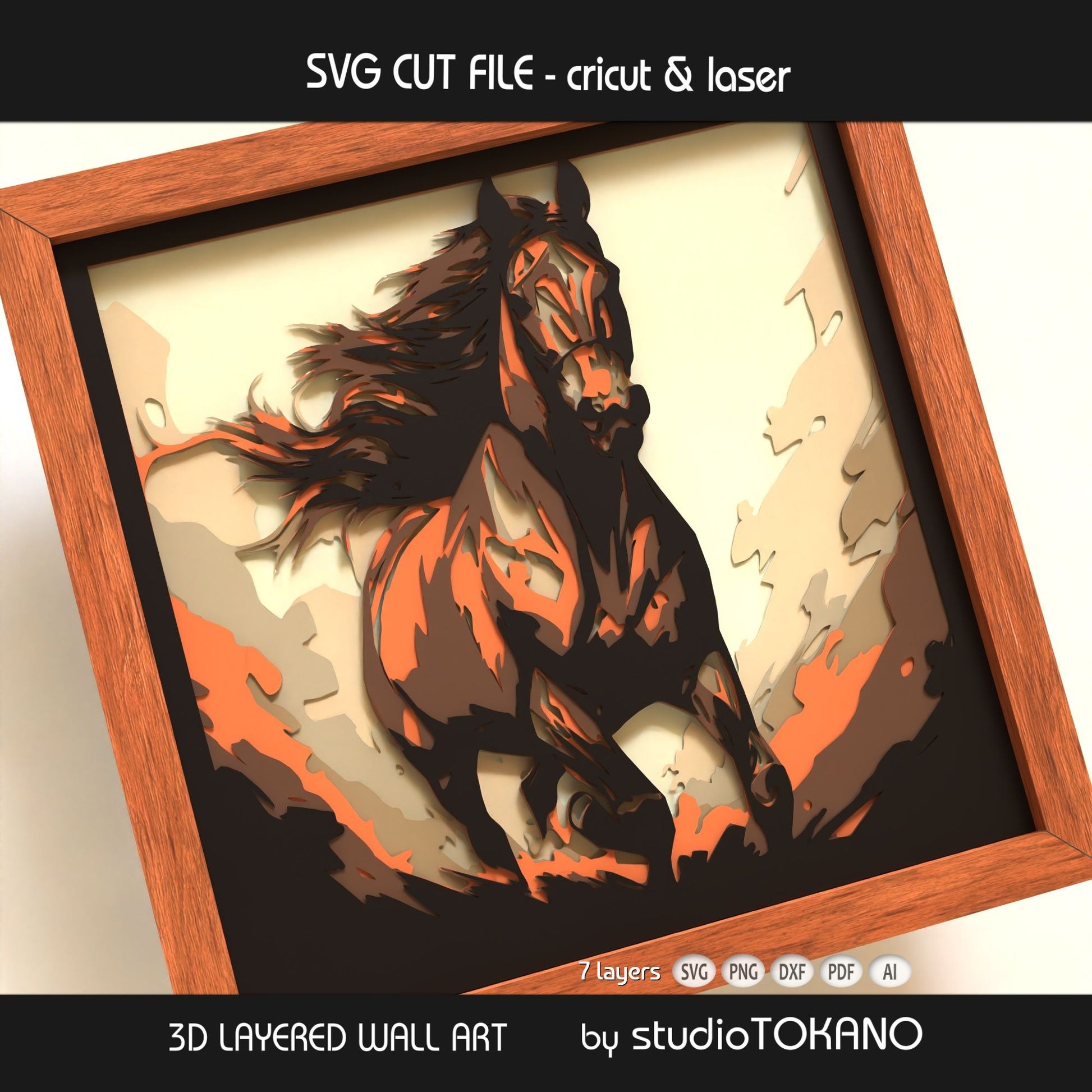 Galloping horse layered SVG shown in a framed mockup, with strong depth, clean cardstock layers, and a dynamic equestrian wall art look.