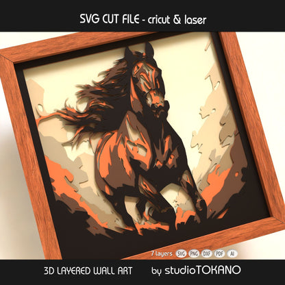 Galloping horse layered SVG shown in a framed mockup, with strong depth, clean cardstock layers, and a dynamic equestrian wall art look.
